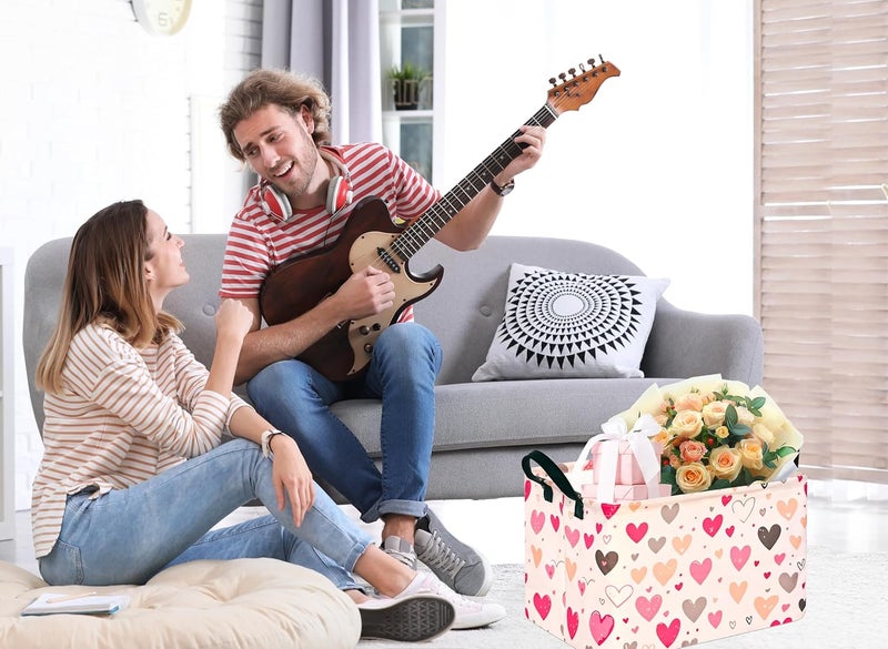 KUNRO Rectang Heart Valentine's Storage Basket Gift Shelf Basket Storage Bin, Nursery Basket Organizer Box for With Handles for Room Deco - Image 4